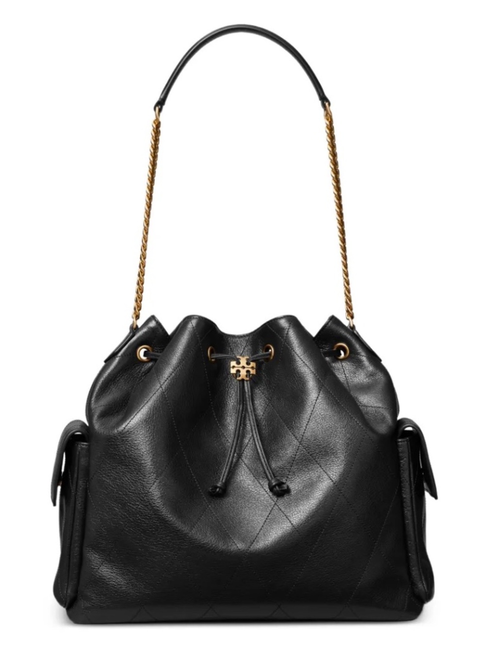 Tory Burch Charlie Quilted Large Drawstring Shoulder Bag Black